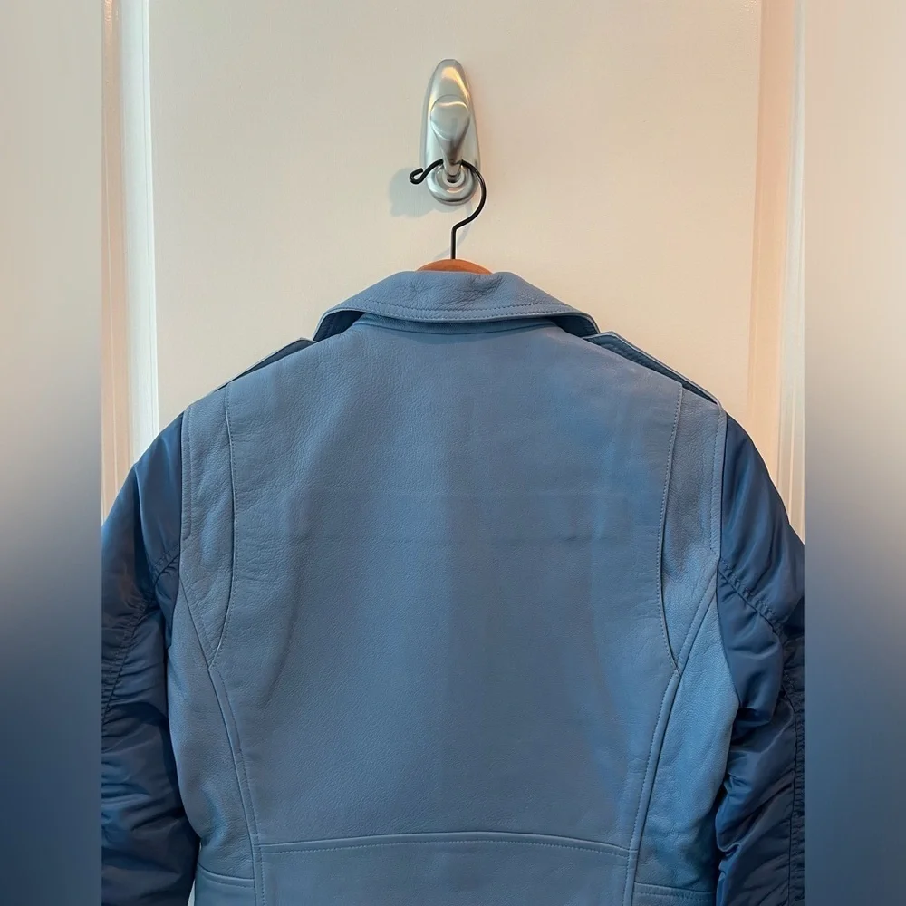 SANDRO Blue Ruched Shell-Paneled Sleeves Leather Goat Biker Jacket - Picture 8 of 16